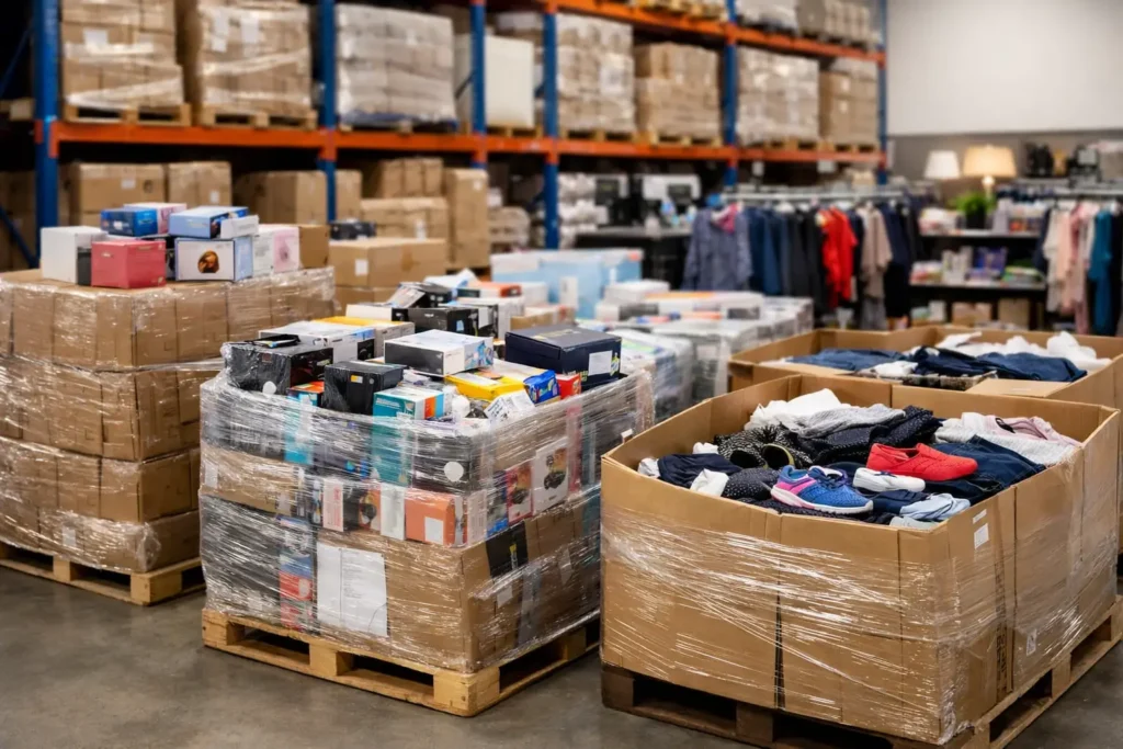 Best Liquidation Inventory for Discount Stores Warehouse scene with stacked pallets and wrapped product boxes, plus open bins of folded clothes and sneakers in the foreground, organized on pallets.