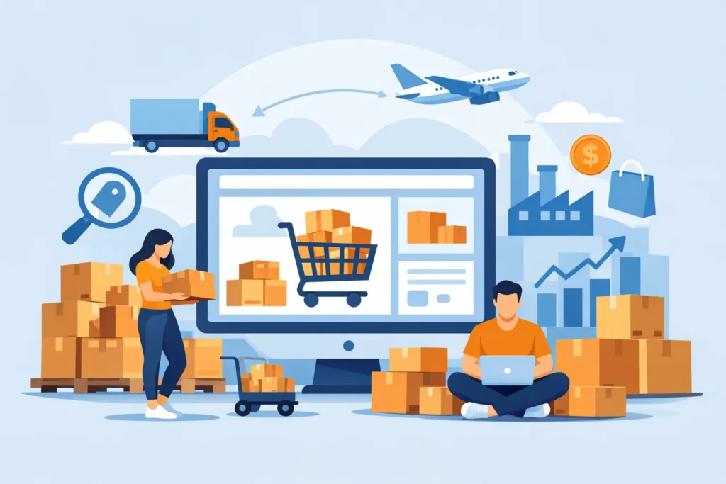 Best Wholesale Lots for eBay Sellers - Pallet Liquidation Okc Illustration of e-commerce logistics: people with boxes, a large computer screen showing a cart and shipments, surrounded by boxes and delivery icons.