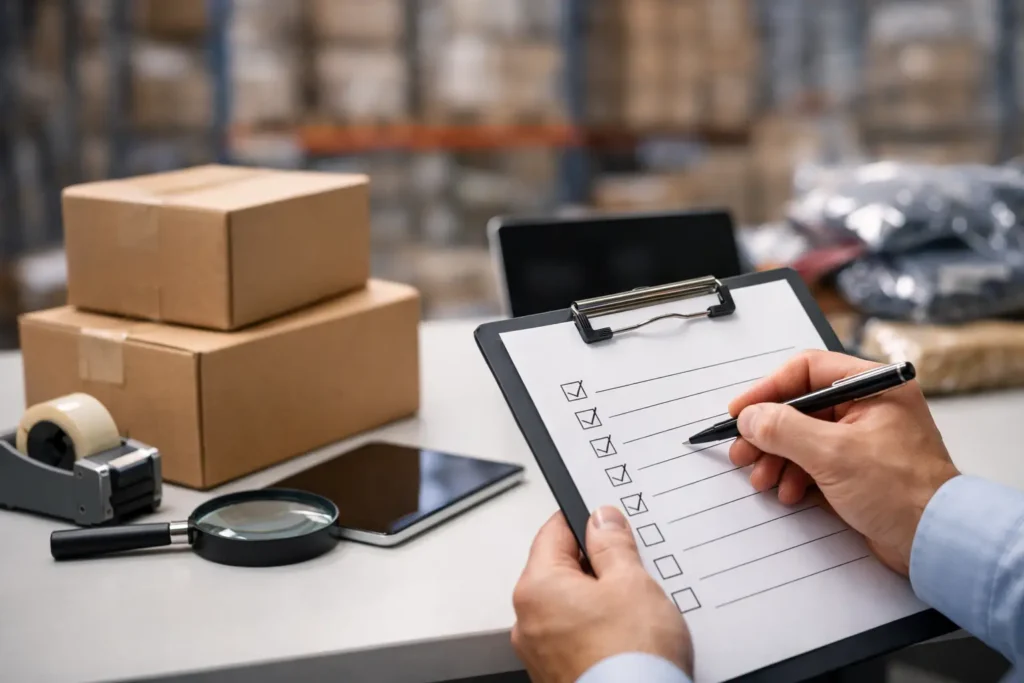 Person writing on a clipboard checklist at a packing station in a warehouse with cardboard boxes and packing supplies nearby, including tape and a tablet.
