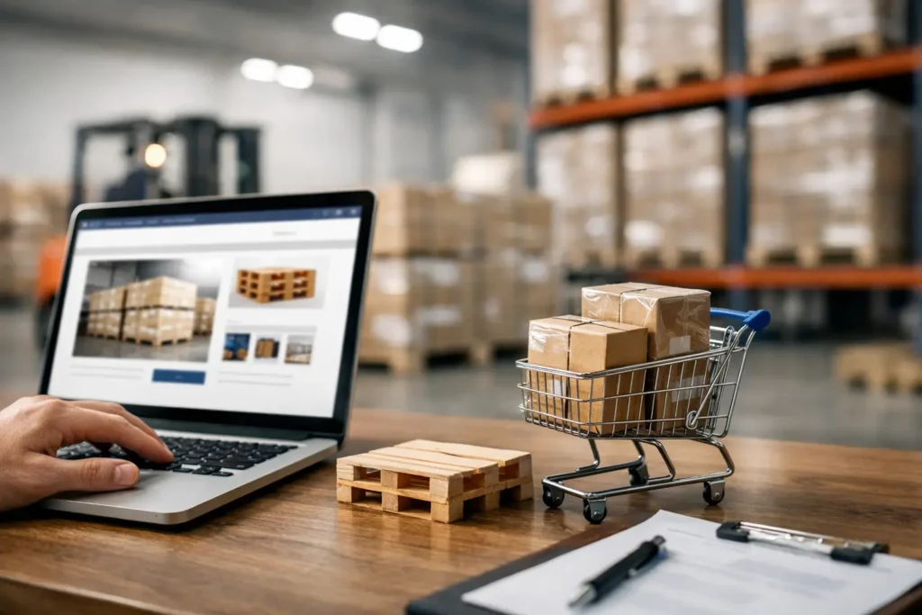 Person typing on a laptop at a warehouse desk, with a small shopping cart full of cardboard boxes beside a wooden pallet.
