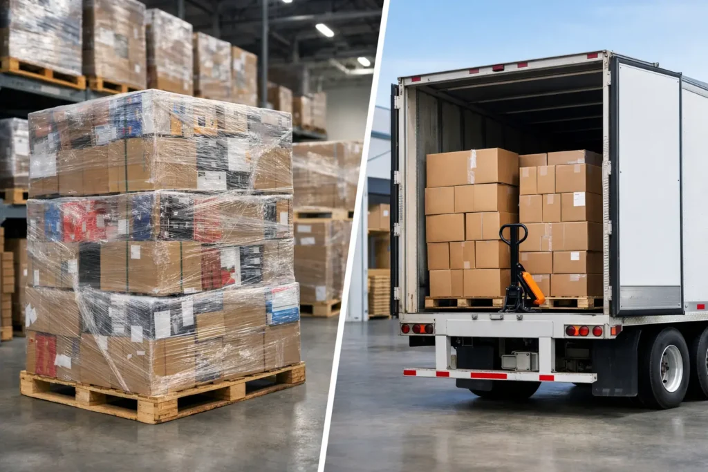 pallets-versus-truckloads-for-resale - Pallet Liquidation Okc Two scenes: a warehouse pallet of wrapped boxes on the left and an open delivery truck loaded with cartons on the right.