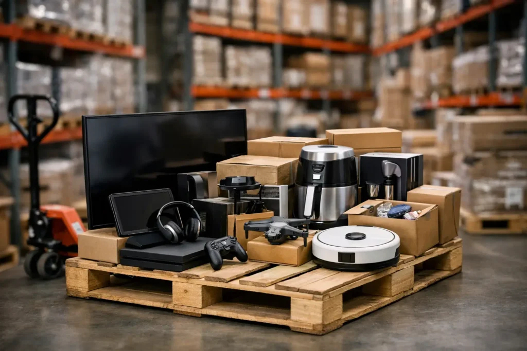 Warehouse scene with a pallet stacked with new electronics: TV, headphones, game controller, drone, robot vacuum, and kettle/appliances among brown boxes.
