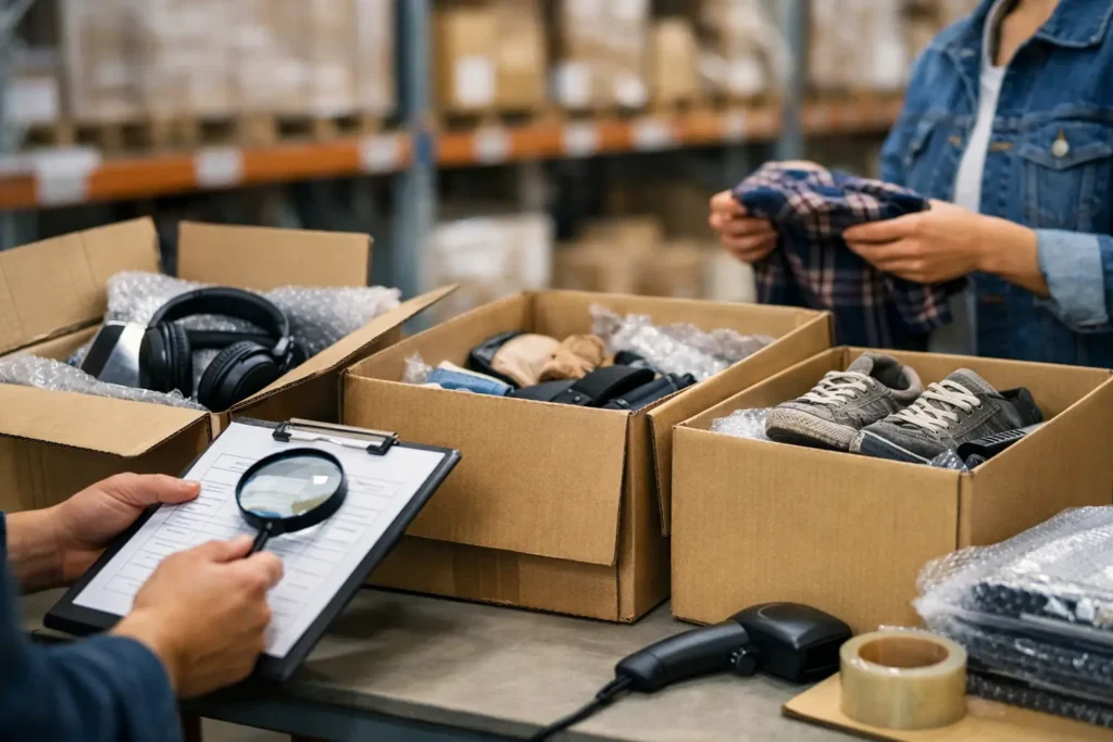 guide-to-liquidation-inventory-grading - Pallet Liquidation Okc Warehouse inventory check: worker with clipboard and magnifying glass inspecting boxed shoes and accessories.