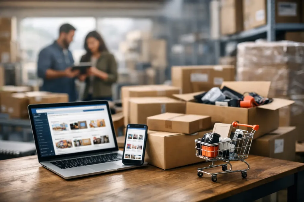 online-liquidation-wholesale-platform-trends - Pallet Liquidation Okc Laptop and smartphone on a wooden table in a warehouse, displaying an online product catalog, with a tool-filled shopping cart and stacked boxes nearby.